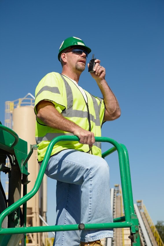 Construction worker with radio communications