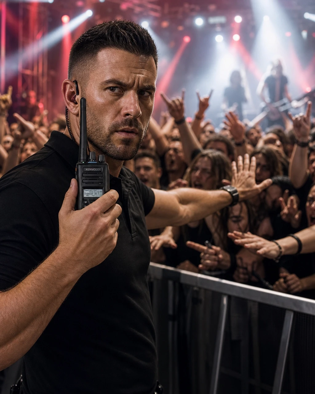 Security guard with two-way radio at concert venue