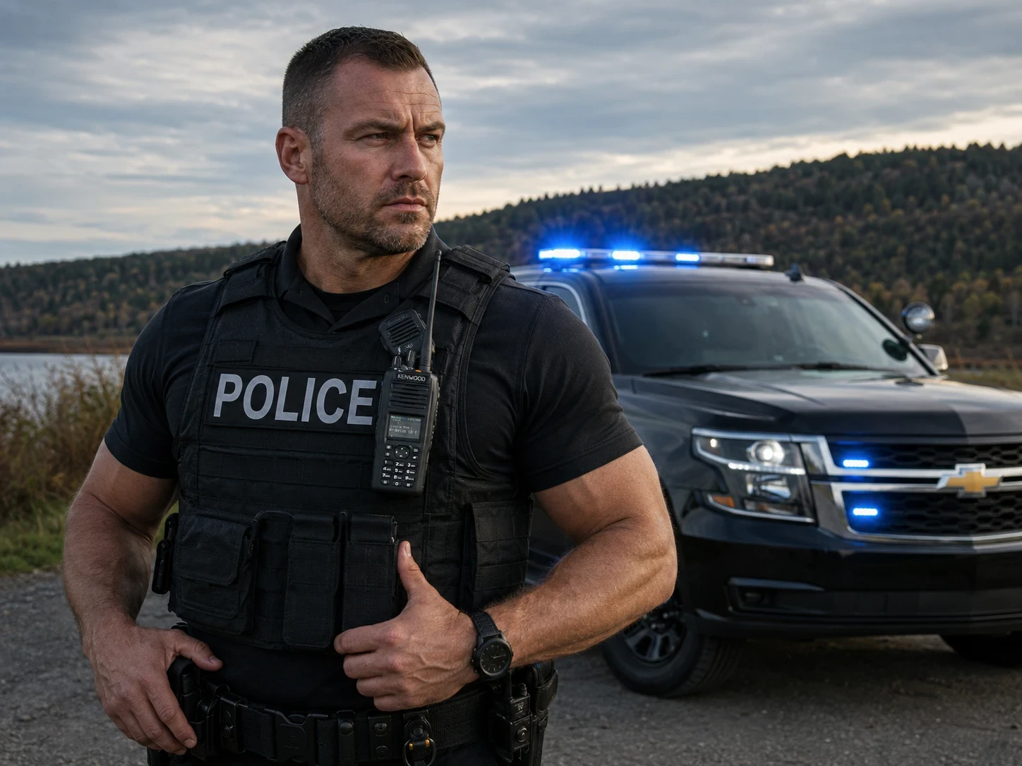 Police officer standing in front of patrol car with two-way radio