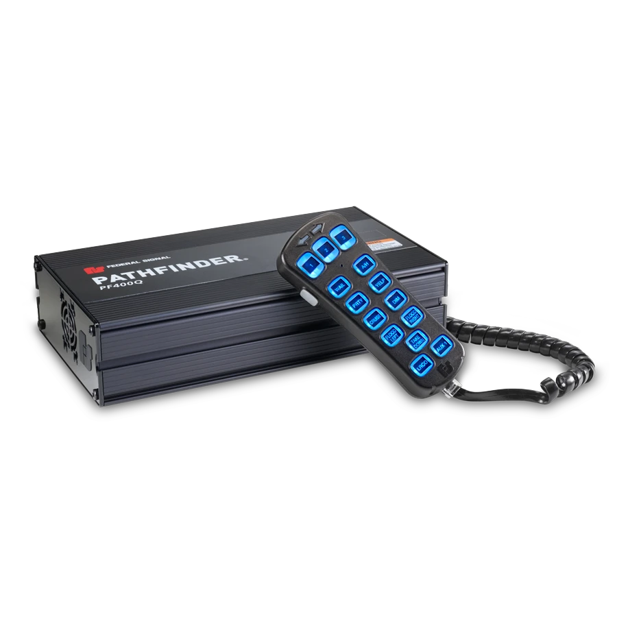 Federal Signal Pathfinder PF400Q siren amplifier unit with illuminated blue-button handheld controller